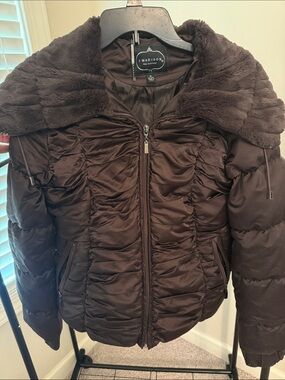 Madison Chocolate Brown Quilted Puffer Jacket with Faux Fur Collar